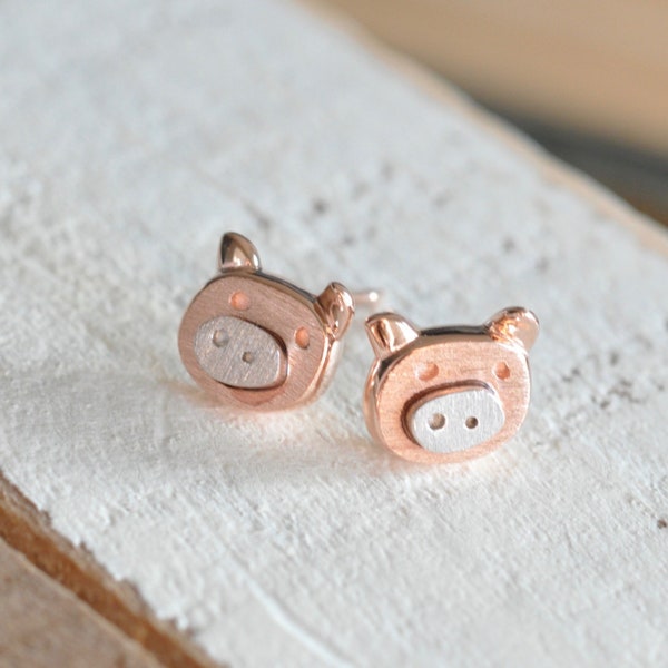 Adorable Pig Earrings in Rose Gold, Silver Pig Earrings, Pig Studs in Sterling Silver 925, Year of the Pig, Jamber Jewels