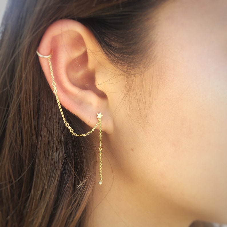 Long Chain Ear Cuff Earrings Star Earrings with Chain Dangle Etsy