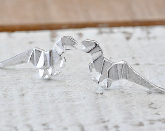 Origami Dinosaur Earrings in Sterling Silver 925 by Jamber Jewels, Origami T-Rex Earrings, Dinosaur Studs, Jurassic Park