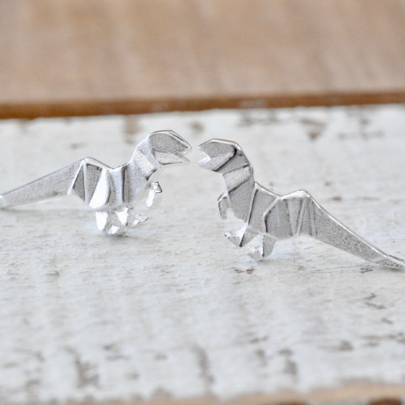 Origami Dinosaur Earrings in Sterling Silver T-Rex Earrings Jamber Jewels