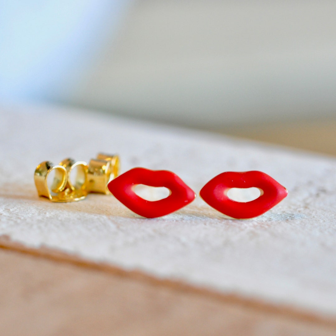 Dainty Red Lips Earrings in Sterling Silver 925 With Enamel Etsy