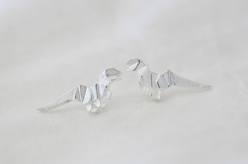 Origami Dinosaur Earrings in Sterling Silver 925 by Jamber Jewels, Origami T-Rex Earrings, Dinosaur Studs, Jurassic Park image 6