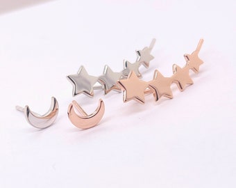 Stars and Moon Mismatched Earrings, Crescent Moon Stud and Stars Ear Climber, Star Ear Pins, Star Ear Crawler, Jamber Jewels