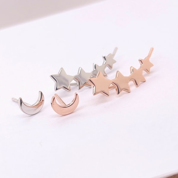 Stars and Moon Mismatched Earrings, Crescent Moon Stud and Stars Ear Climber, Star Ear Pins, Star Ear Crawler, Jamber Jewels