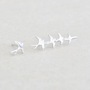 Flock of Birds Mismatched Stud Earrings, Bird Earrings, Bird Ear Climber, Birds Ear Climber, Jamber Jewels Original Silver Shiny