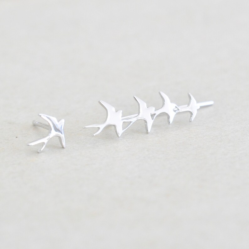 Flock of Birds Mismatched Stud Earrings, Bird Earrings, Bird Ear Climber, Birds Ear Climber, Jamber Jewels Original Silver Shiny