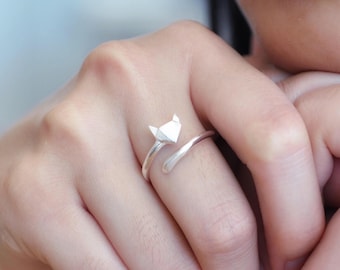 Origami Fox Ring in Sterling Silver, Adjustable Wrap Ring