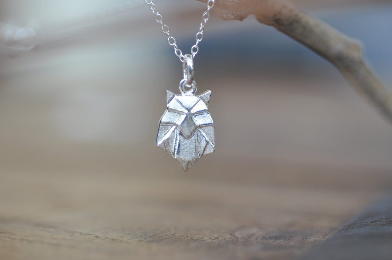 Sterling Silver Geometric Owl Necklace, Matte Finish