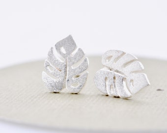 Monstera Leaf Stud Earrings in Sterling Silver 925, Tropical Leaf Earrings, Palm Leaf Earrings, Jamber Jewels 925