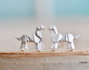 Origami Golden Retriever Sterling Silver Stud Earrings, Dog Jewelry