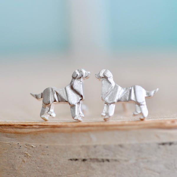 Origami DOG Stud Earrings in Sterling Silver 925, Silver Dog Earrings, Origami Animal Jewelry, Golden Retriever, Labrador Retriever JJ 925