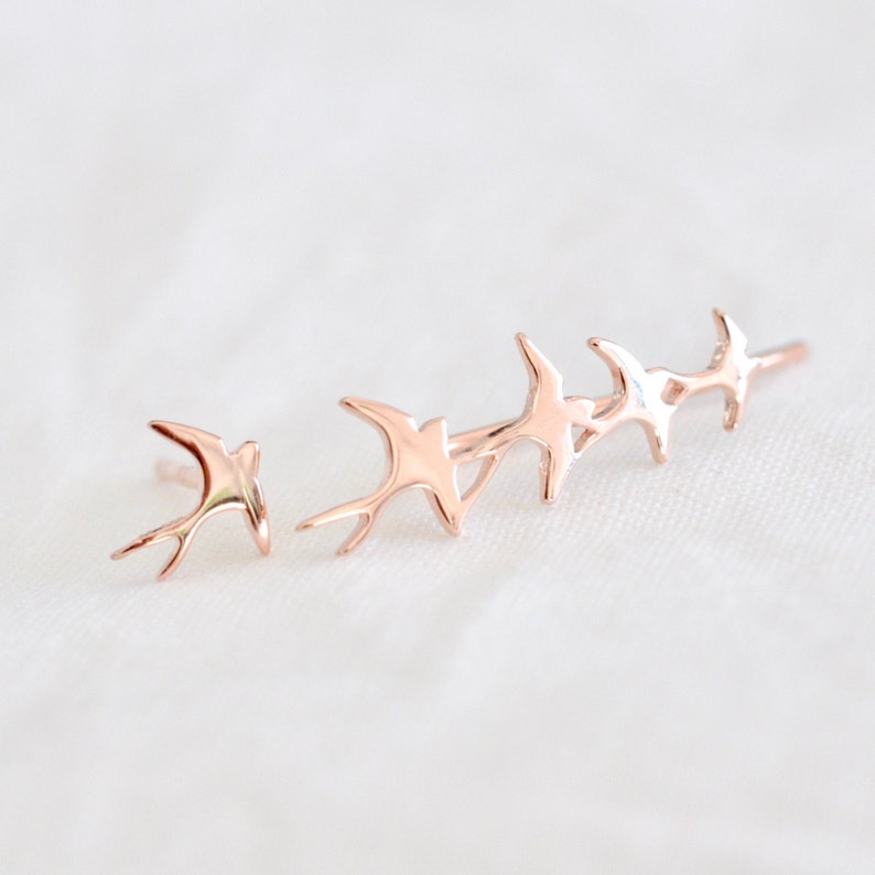 Flock of Birds Mismatched Stud Earrings, Bird Earrings, Bird Ear Climber, Birds Ear Climber, Jamber Jewels Original Rose Gold Shiny