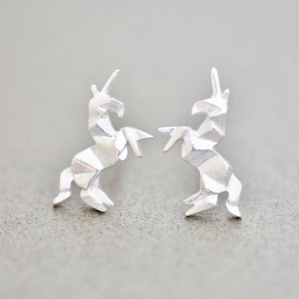 Boucles d'oreilles licorne origami en argent sterling 925, boucles d'oreilles licorne en argent, bijoux licorne, clous d'oreilles licorne, bijoux Jambre 925
