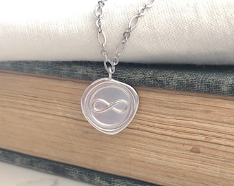 Silver Wax Seal Infinity Necklace, Silver Infinity Pendant, Infinity Medallion Necklace, Infinity Coin Necklace, Jamber Jewels