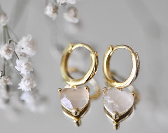 Gold Plated Sterling Silver Rose Quartz Heart Dangle Earrings