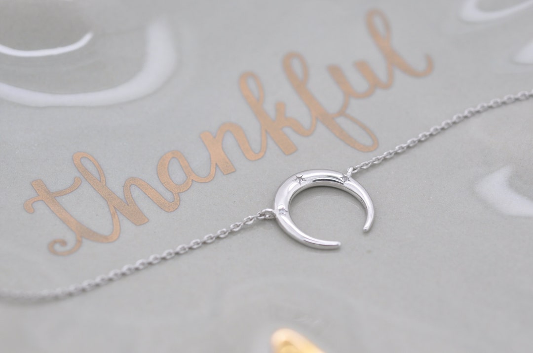 Sterling Silver Crescent Moon Necklace, CZ Star Celestial Pendant - Etsy