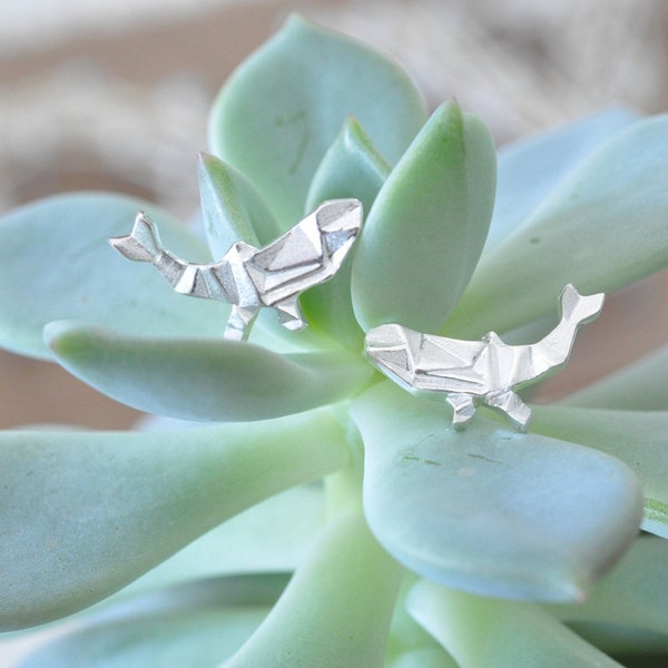 Origami Whale Stud Earrings in Sterling Silver 925 by Jamber Jewels, Origami Fish Earrings, Whale Jewelry, Ocean Jewelry