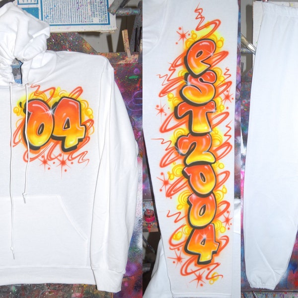 Airbrush Sweatpant/Hoodie Set Graffiti Lettering Name Party Pants Set Neon Fluorescent Glow In The Dark Custom Airbrush 90's Style Birthday
