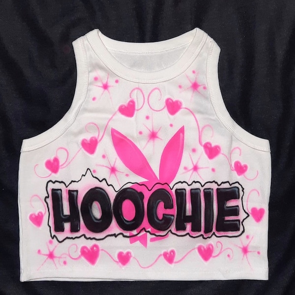 Airbrush Hoochie Bunny Name Crop Tank Top Custom Airbrushed T Shirt Hoodie Freaknik 80s Baby 90s Hoochie Mama Y2K Fashion Style Babydoll Tee