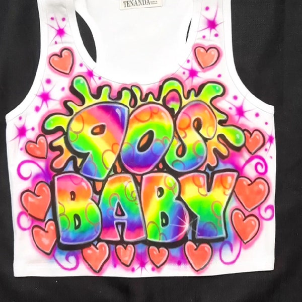 Airbrush Crop Tank Top 90s Baby Splash Name Hearts Birthday Block Personalized Two Words Custom Airbrushed Hoodie Gift For Her 90s Style