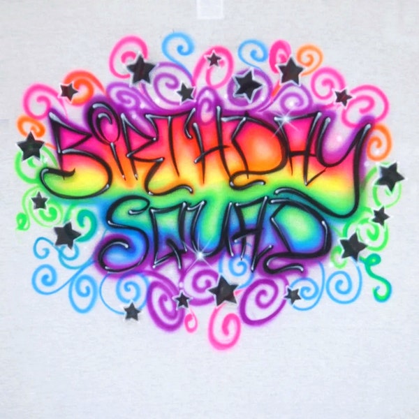 Airbrushed Birthday Squad Rainbow Neon Fluorescent Glow In The Back Light Stars Custom Airbrush T Shirt Hoodie Spray Paint Shirt Boy Girl