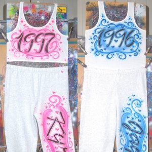 Airbrush Birthday Year Sweatpant Or Crop Tank Items Sold Separately Script Name With Hearts Stars Party Tank Top Neon 90s Style Y2k Clothing