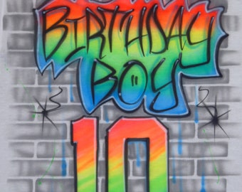 Airbrush T Shirt Birthday Boy 90s Throwback Graffiti Brick Wall Neon Let's Glow In Blacklight Custom Airbrushed T-Shirt Hoodie Birthday Crew