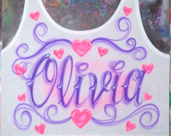 Airbrush Crop Tank Top Custom Airbrushed Name With Hearts Tattoo Script Tank Top Plus Size Tank Valentine Glow In The DarkPink Purple Name