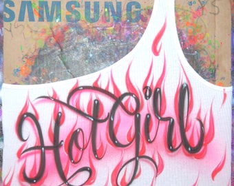 Airbrush One Shoulder Hot Girl Flames Fire Crop Tank Top Name Airbrushed T Shirt Hoodie Pillowcase Custom Names Burning Babe Hot Baby