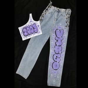 Airbrush Jeans *Artwork Only* Bubble Grafitti Lettering Pants Neon Glow In The Dark Custom Airbrushed 80's 90's Style Birthday Denim Jeans