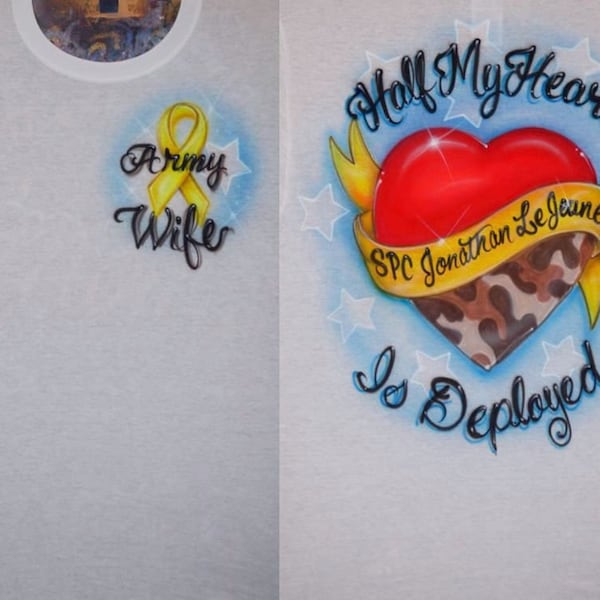 Custom Airbrush T Shirt Half My Heart Is Deployed Army Wife Yellow Ribbon Armed Services Airbrushed Hoodie Pillowcase Military Family Camo