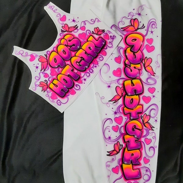 Airbrush Sweatpants/Top Sets Name On Leg Heart Y2K Butterflies 90's Hot Girl Crop Tank Top Neon Glow In The Dark Custom Airbrush 90's Style