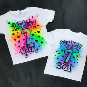 Airbrush Birthday Girl / Boy 7th Birthday Hearts Confetti Color Burst Airbrushed T-Shirt Custom Airbrushed Name Glow In The Dark Neon Party