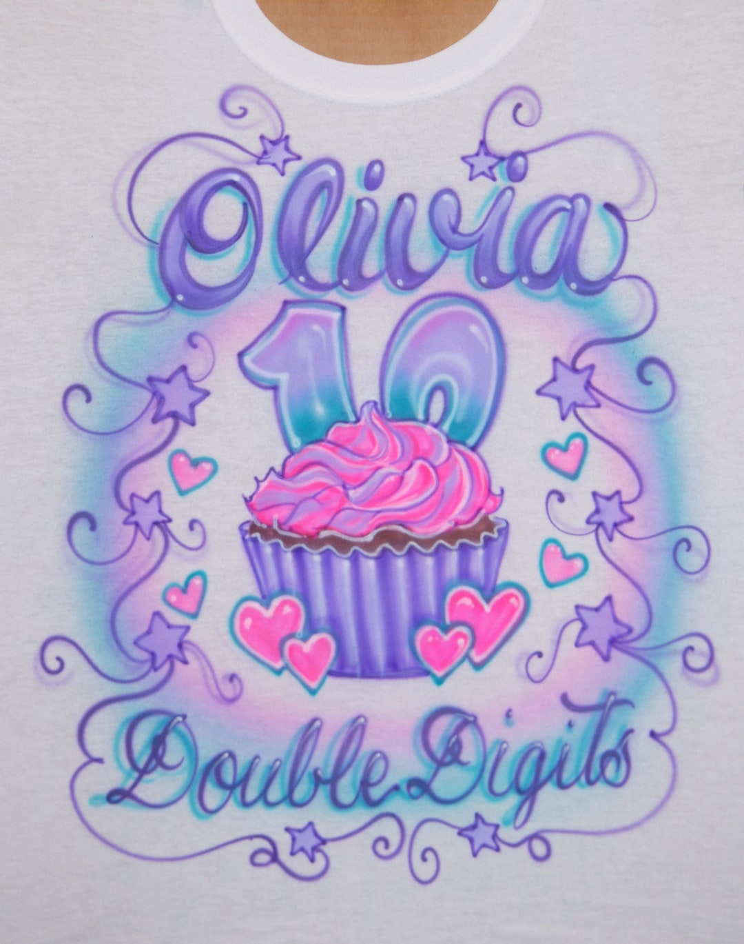 Airbrushed T Shirt Birthday Girl Cupcake 10 10th Birthday Double Digits ...