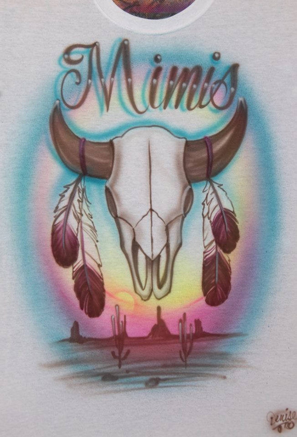 Airbrush Buffalo Skull With Eagle Feathers Sunset Desert Etsy