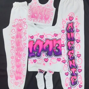 Airbrush Name 4 PC Set Crop Tank Sweatpants And T-Shirt Loincloth Look Skirt Socks Set Birth Year Aerose Lettering Birthday Party Photoshoot image 3