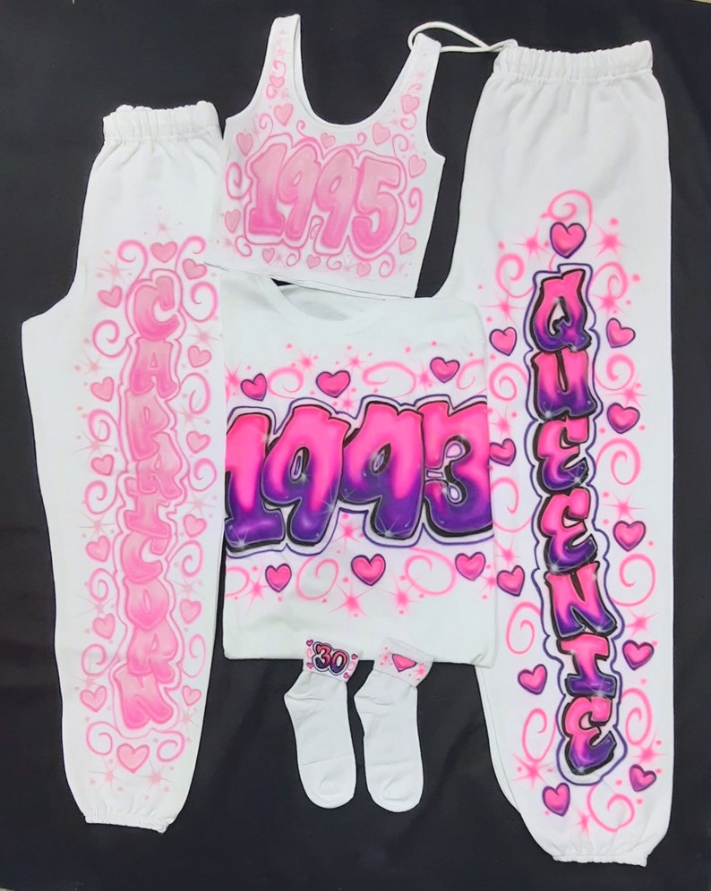 Airbrush Name 4 PC Set Crop Tank Sweatpants And T-Shirt Loincloth Look Skirt Socks Set Birth Year Aerose Lettering Birthday Party Photoshoot image 3