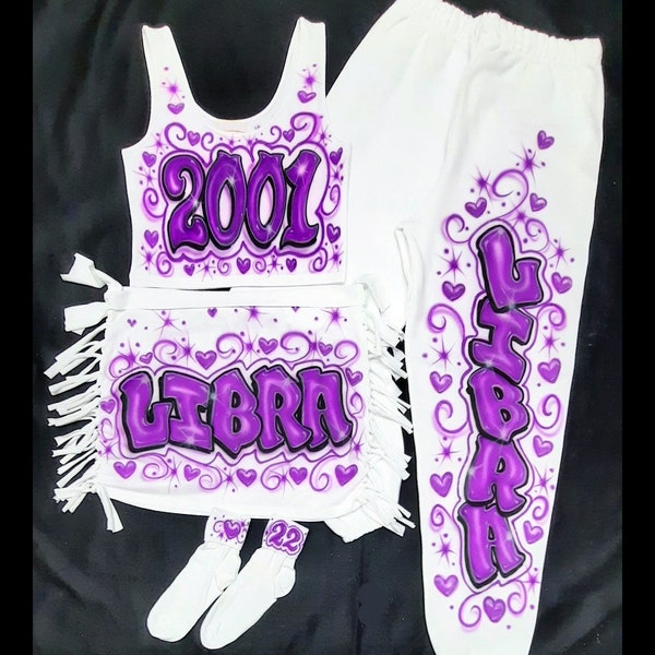 Airbrush Name 4 PC Set Crop Tank Sweatpants T-Shirt Side Tied Skirt Socks Set Est Year Aerose Birthday Party 90s Airbrushed Outfits Zodiac