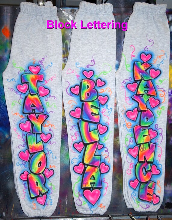Airbrush Sweatpant Block Lettering Name Party Pants Hearts Rainbow