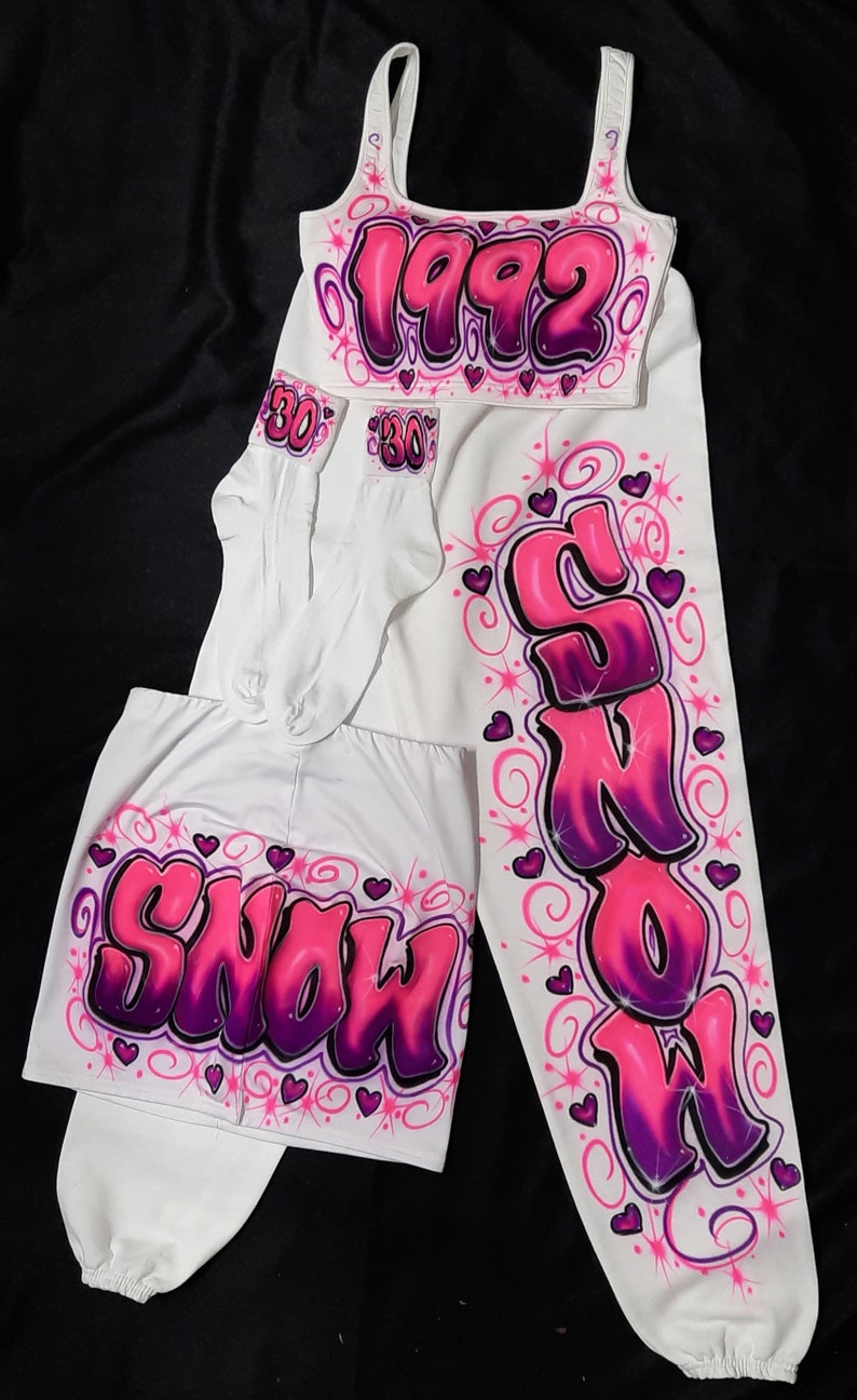 Airbrush Name 4 PC Set Crop Tank Sweatpants And T-Shirt Loincloth Look Skirt Socks Set Birth Year Aerose Lettering Birthday Party Photoshoot image 2