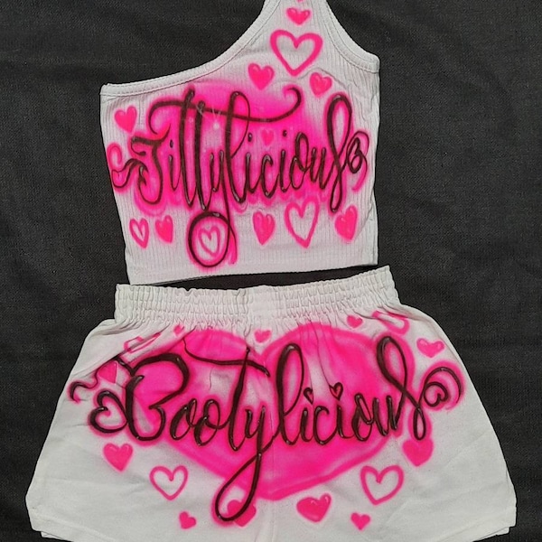 Airbrush Name Bootylicious Tittylicious One Shoulder Crop Top/Crop Tank & Shorts Set Neon Glow In The Dark 90s Style Freaknik Y2K Fashion