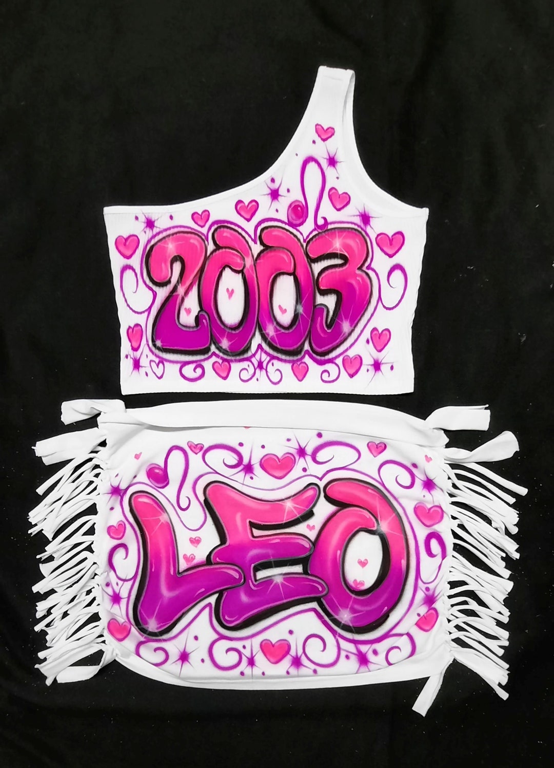 Airbrush Skirt Set 2000s Zodiac One Shoulder Crop Tank Tube Top Tied