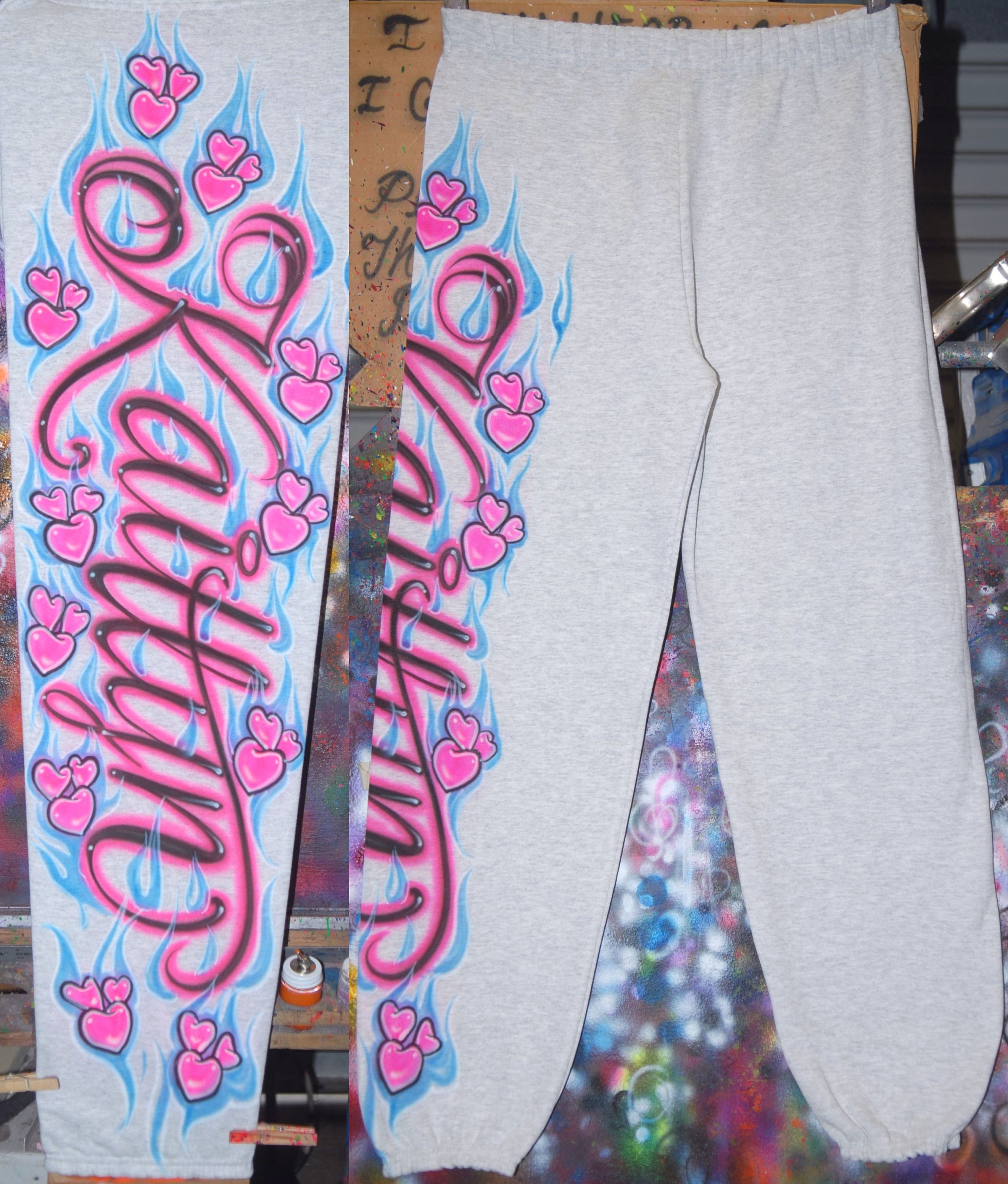 Airbrush Sweatpant Name Hearts Flames 