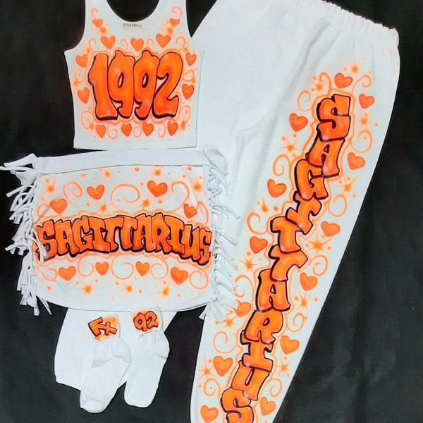 Airbrush Name 4 PC Set Crop Tank Sweatpants T-Shirt Tied Skirt Socks Set Year Sagittarius Orange Birthday Party 90s Airbrushed Outfit Zodiac