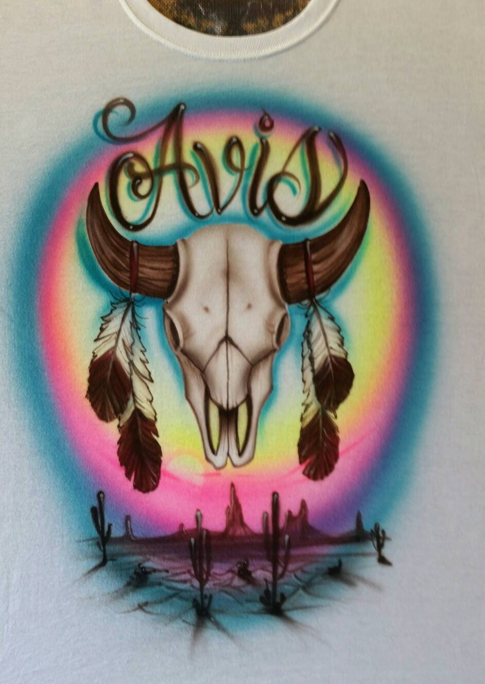 Airbrush Buffalo Skull With Eagle Feathers Sunset Desert Etsy