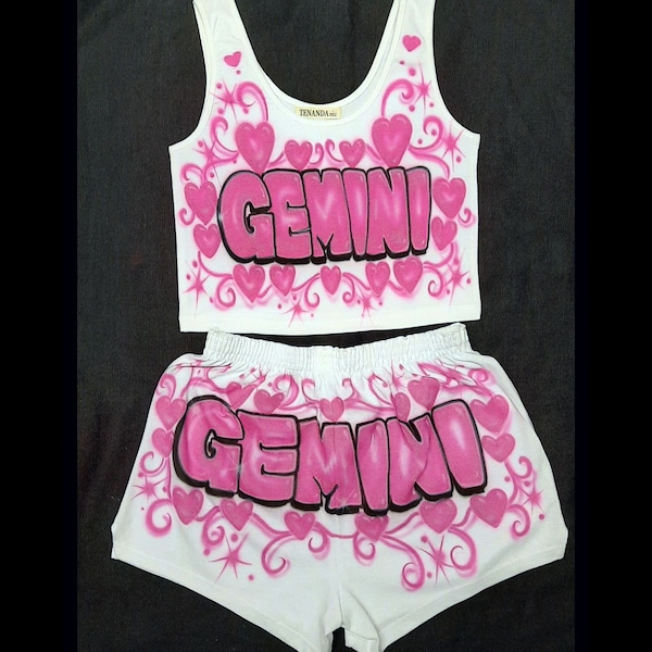 Airbrush Shorts Crop Top Zodiac Gemini Tingz Name Heart Birthday Custom Airbrushed 90s Style Scorpio Sagittarius Aquarius Not A Set