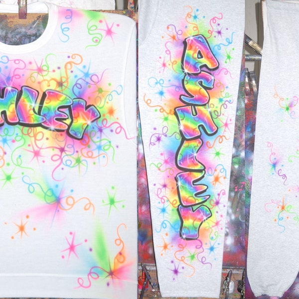 Airbrush Sweatpant/Sweatshirt Sets Name Block Hoodie Rainbow Neon Fluorescent Glow In The Dark Custom Airbrush 90's Style Birthday Crop Top