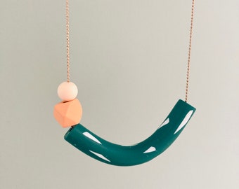 Geometric polymer clay necklace, peach - green, minimalistic scandinavian look.