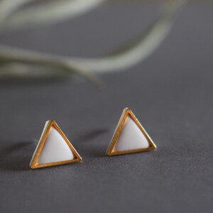 Golden triangle shaped polymer clay earrings. image 4