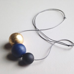 Polymer clay beaded necklace. Minimalistic spheres in gold, blue, black. Simple round beads. image 2